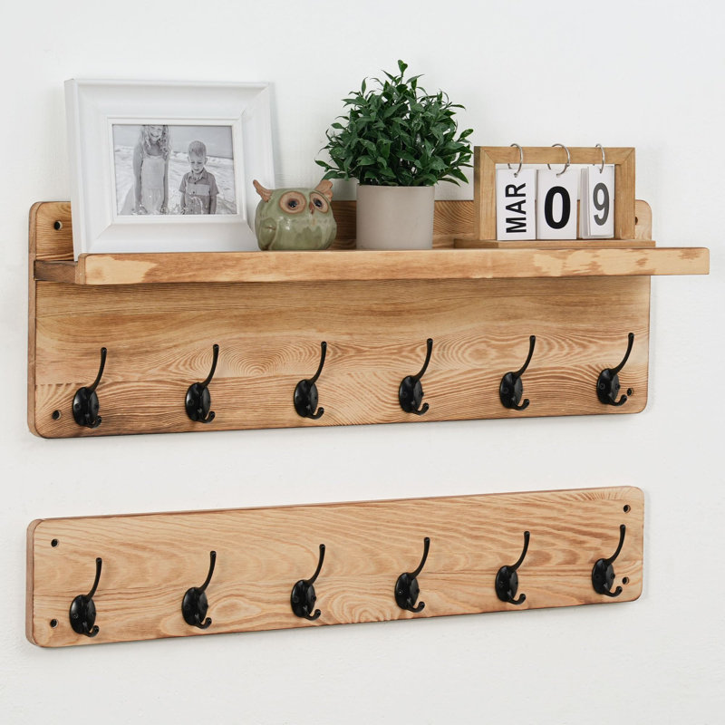 Gracie Oaks Zaibaa Solid Wood 12 Hook Wall Mounted Coat Rack with Shelf Reviews Wayfair